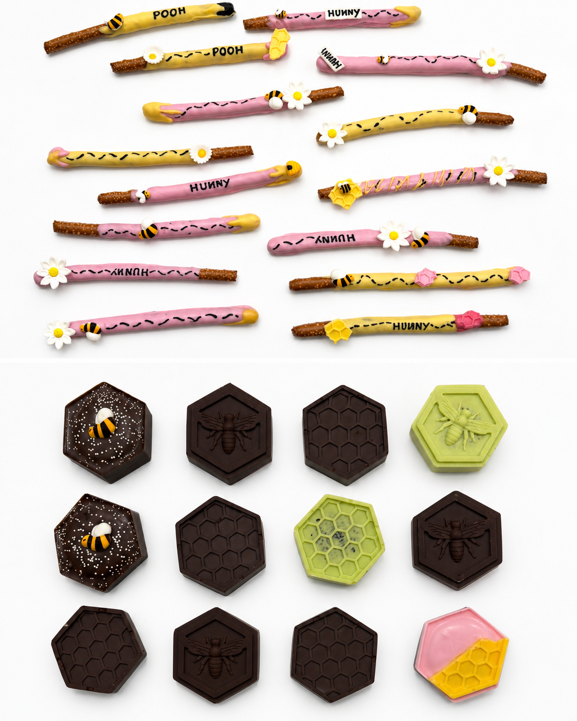 Winnie the Pooh themed pretzel rods and bee chocolates