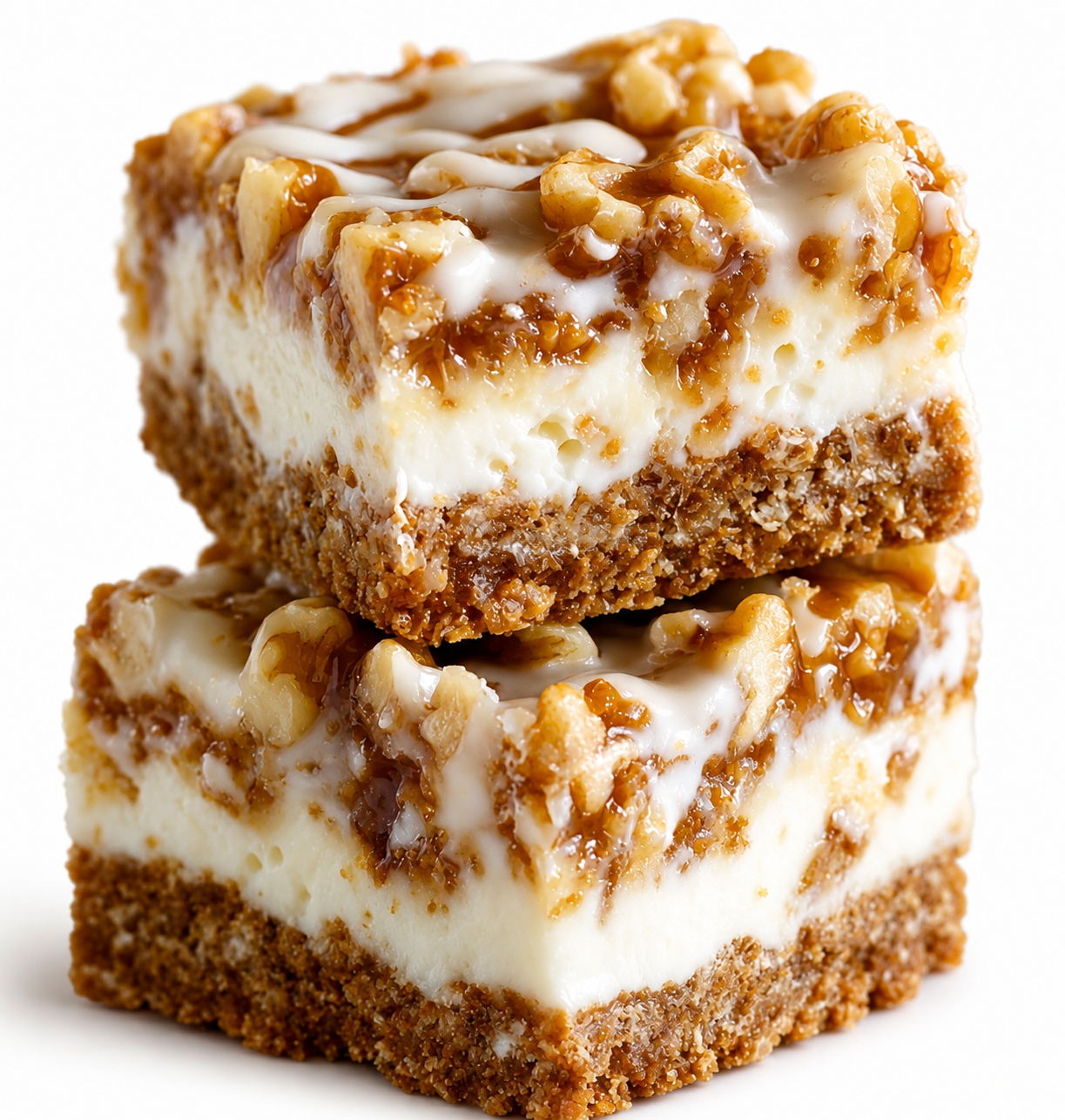 Caramel walnut cheesecake bars with a crumb crust