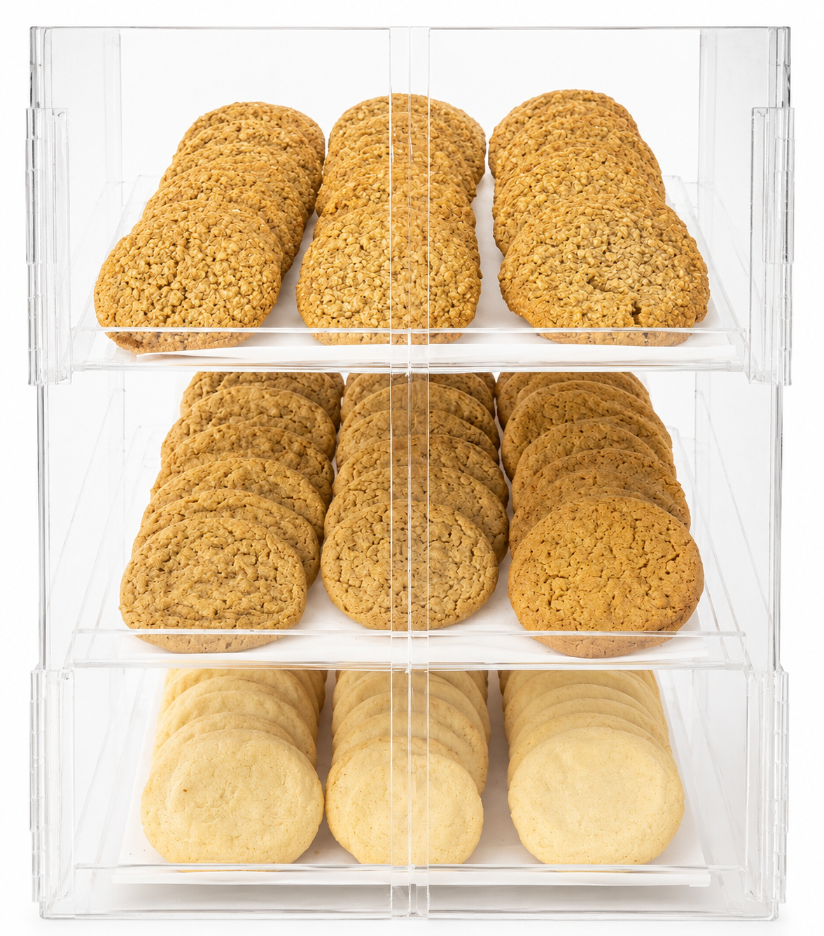 Assorted oatmeal and sugar cookies displayed in a clear bakery case