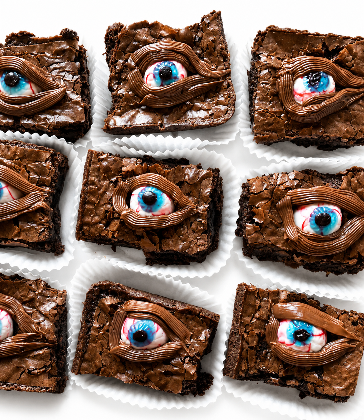 Chocolate brownies decorated with colorful candy eyes