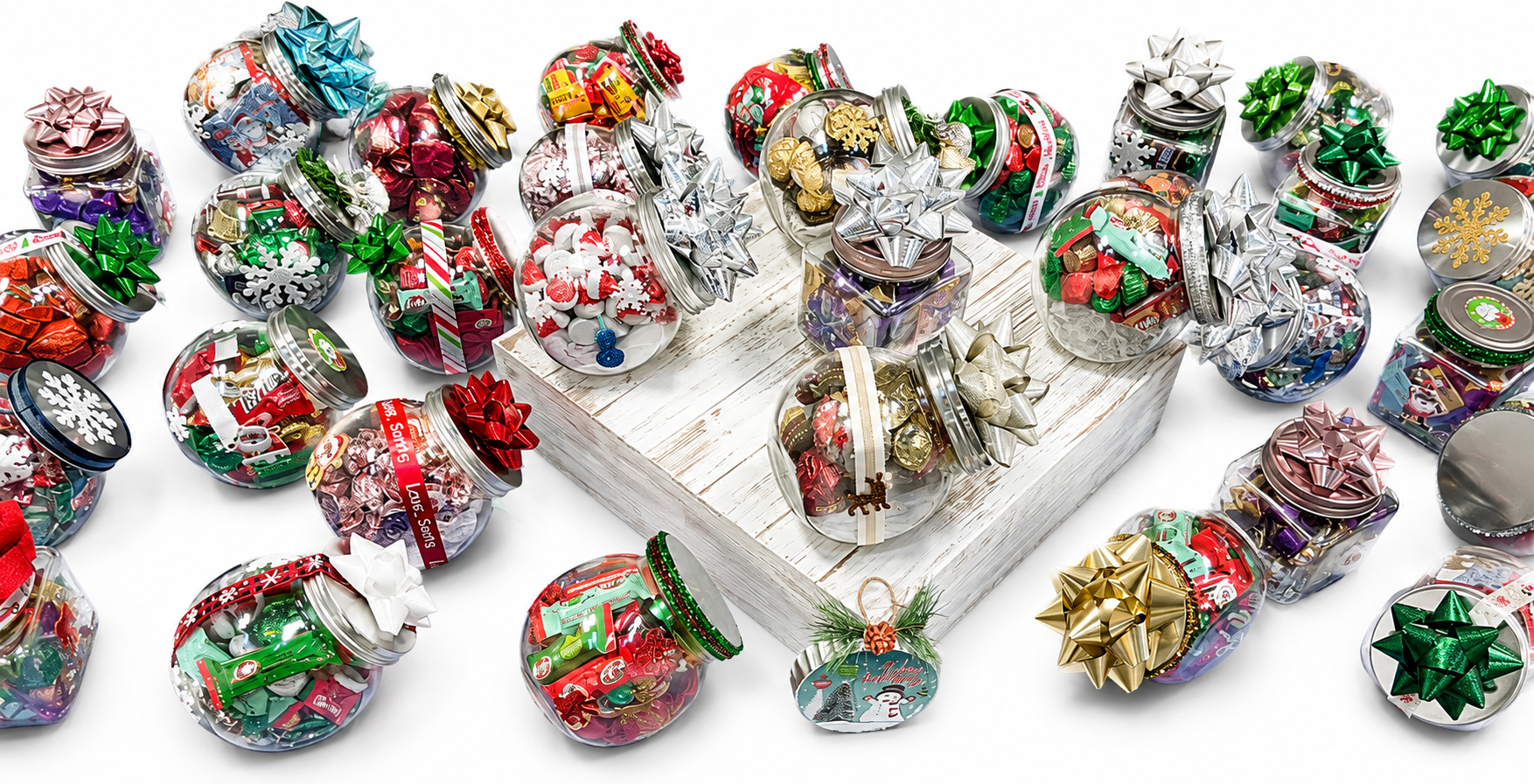 Assortment of festive holiday candy jars filled with Christmas treats and decorated with colorful gift bows