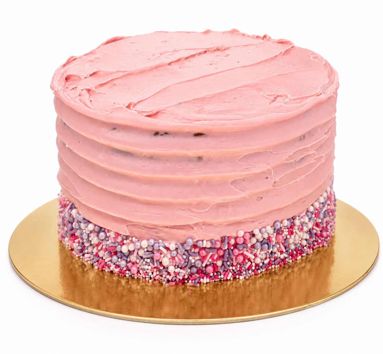 Pink frosted celebration cake with colorful sprinkles